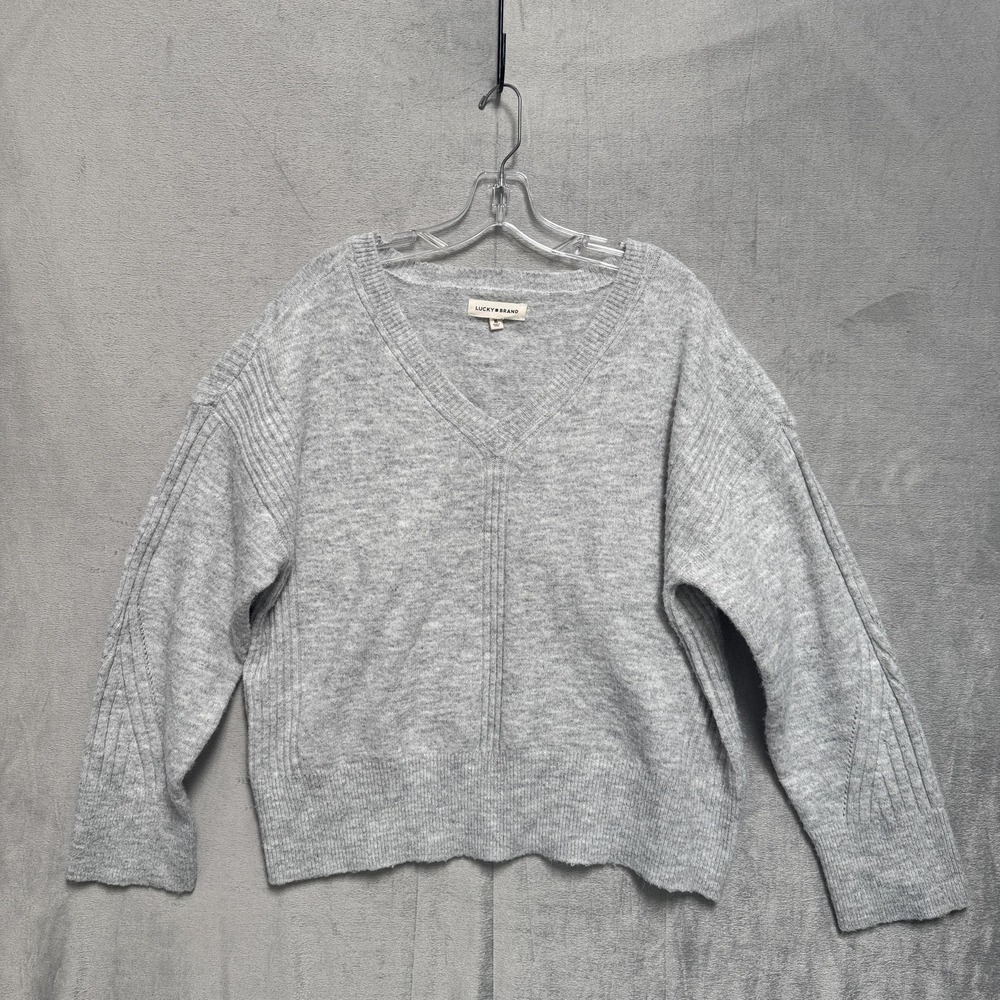 Lucky‎ Brand Sweater Womens XL Gray V Neck Ribbed Knit Cropped Pullover Soft